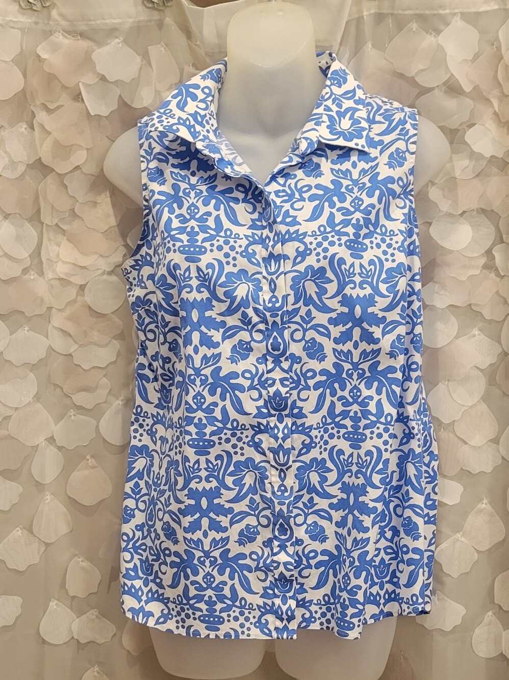 Talbots Blue and White Sleeveless Button-Front Shirt